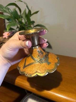 Suporte de vela antigo metal dourado e laranja
