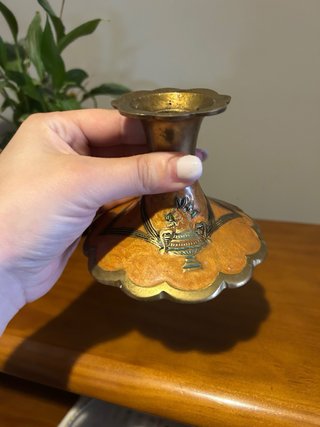 Suporte de vela antigo metal dourado e laranja