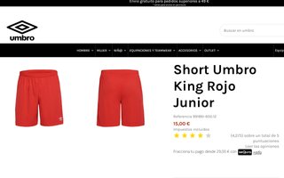 Short Umbro King Rojo Junior. Nuevo