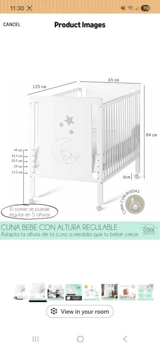 Cuna 120x60 cm en muy buen estado. 270€ en Amazon.