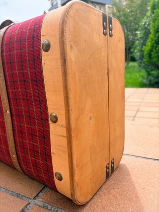 Maleta Vintage Tela Tartán Madera y Cuero