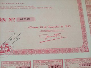 Obligación Junta Obras Puerto Alicante 1956