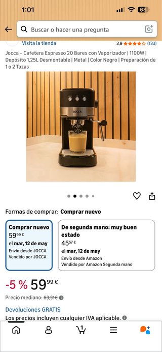 Cafetera Espresso Jocca 20 Bares