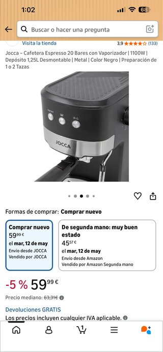 Cafetera Espresso Jocca 20 Bares