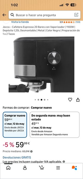 Cafetera Espresso Jocca 20 Bares