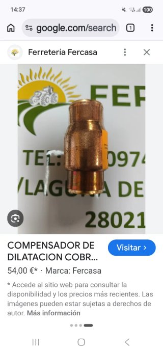 Compensador de dilatación cobre 22 mm