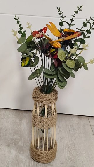 Florero/Jarrón Artesanal Madera y Yute
