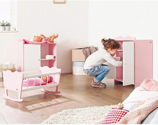 Pinolino cuna muñecas madera rosa juego