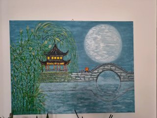 Quadro paesaggio notturno con pagoda