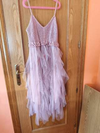Vestido rosa crochet tul boda comunión