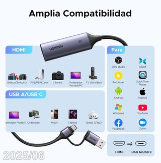 UGREEN Capturadora Video HDMI 4K a USB-A/C 2K