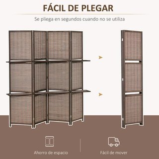 Biombo Bambú 4 Paneles 180x180 con Estantes Marrón