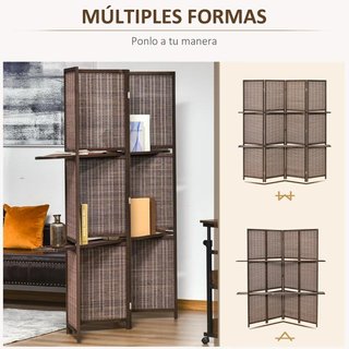 Biombo Bambú 4 Paneles 180x180 con Estantes Marrón