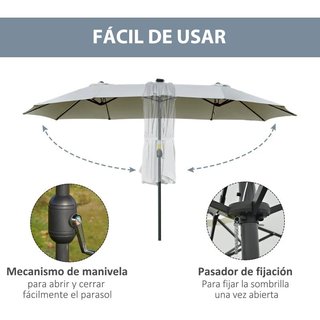 Sombrilla Doble 450cm LED Manivela Gris Claro