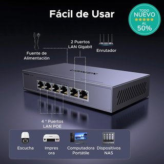 UGREEN Switch 6 Puertos Gigabit PoE 4 PoE+