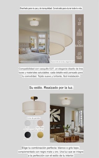 Lámpara redonda tela blanca y dorada Ø40cm