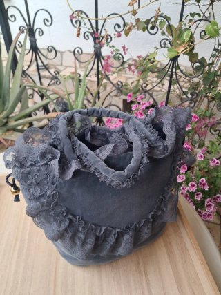 Bolso Lolita Terciopelo Gris y Encaje