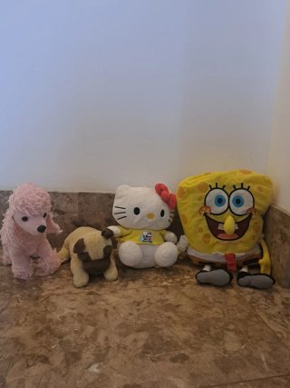 4 peluches: Spongebob, Hello Kitty, Pug, poodle