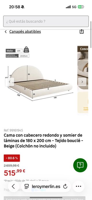 Cama canapé abatible 180x200 beige