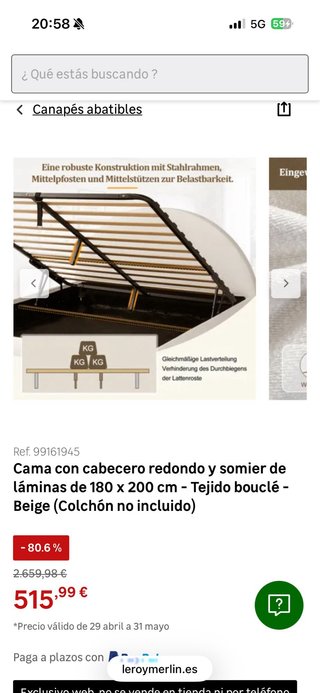 Cama canapé abatible 180x200 beige
