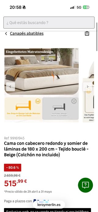Cama canapé abatible 180x200 beige