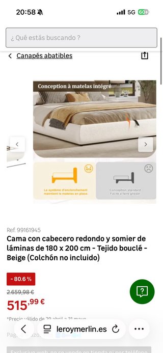 Cama canapé abatible 180x200 beige