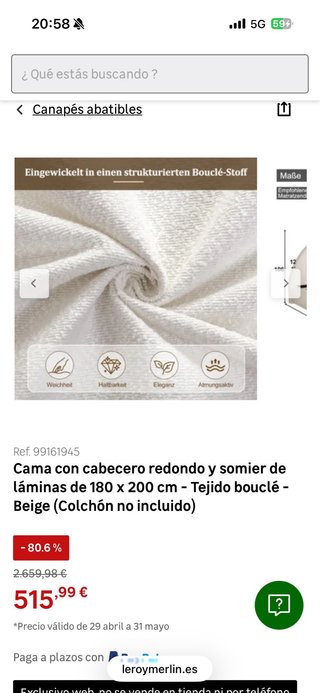 Cama canapé abatible 180x200 beige