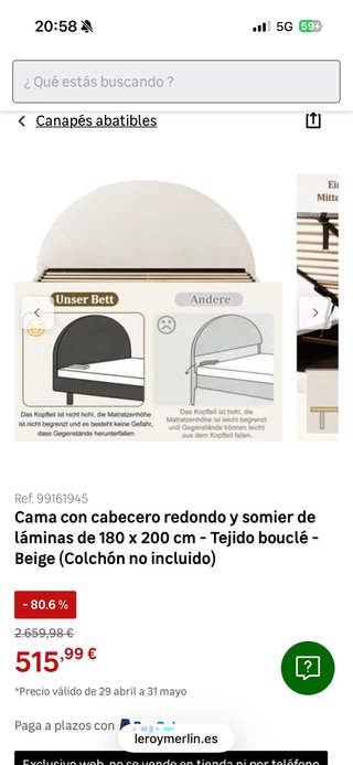 Cama canapé abatible 180x200 beige