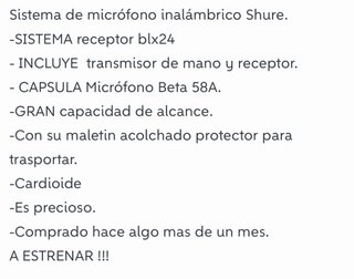 Micrófono Shure Inalámbrico BLX24/Beta58A