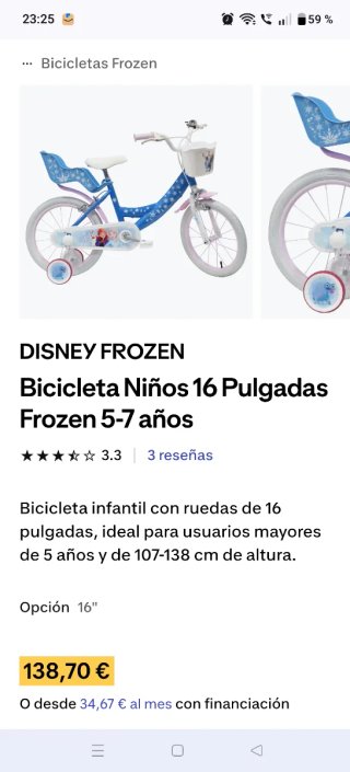 Bicicleta Frozen 16 Niñ@s 5-7 años