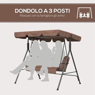 Columpio de Jardín para 3 Personas con Techo Regulable, Columpio de Exterior con Asiento Transpirable en Textilene y Metal, Capacidad de Hasta 240 Kg, 172X110X153 Cm, Marrón