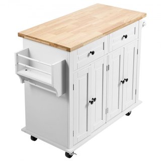 Carro de Isla de Cocina con Parte Superior de Madera Sólida, Carros Móviles de 90 cm de Ancho con Armario de Almacenamiento, Mesa de Cocina Rodante con Estante para Especias, Soporte para Toallas ...