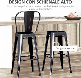 Set de 2 Taburetes de Cocina Industrial con Respaldo Extraíble y Reposapiés, Taburetes Modernos de Metal, 44X46X116 Cm, Negro