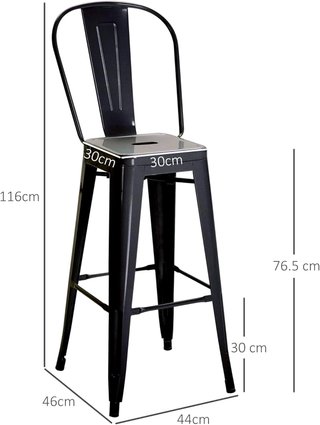 Set de 2 Taburetes de Cocina Industrial con Respaldo Extraíble y Reposapiés, Taburetes Modernos de Metal, 44X46X116 Cm, Negro