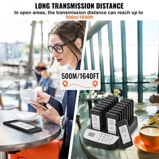 Sistema de Pagers para Restaurantes, Señal de Espera de Fila Inalámbrica de 500m de Largo Alcance, Beepers de Llamada para Clientes con Vibración y Parpadeo, 16 Zumbadores para Camiones de Comida,...