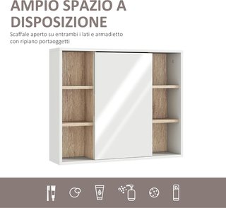 Mueble de Baño con Espejo, 3 Estantes Laterales y Estante Interior Regulable, Espejo de Baño Contenedor de Madera, 60X14.5X49.4 Cm, Blanco y Color Madera