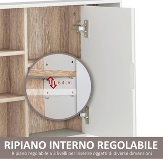 Mueble de Baño con Espejo, 3 Estantes Laterales y Estante Interior Regulable, Espejo de Baño Contenedor de Madera, 60X14.5X49.4 Cm, Blanco y Color Madera