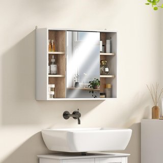 Mueble de Baño con Espejo, 3 Estantes Laterales y Estante Interior Regulable, Espejo de Baño Contenedor de Madera, 60X14.5X49.4 Cm, Blanco y Color Madera