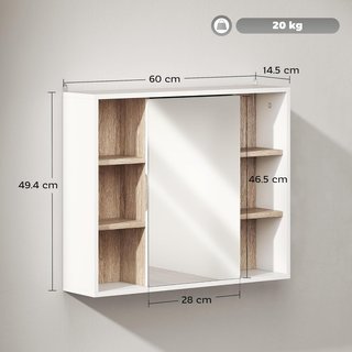 Mueble de Baño con Espejo, 3 Estantes Laterales y Estante Interior Regulable, Espejo de Baño Contenedor de Madera, 60X14.5X49.4 Cm, Blanco y Color Madera