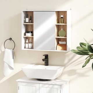 Mueble de Baño con Espejo, 3 Estantes Laterales y Estante Interior Regulable, Espejo de Baño Contenedor de Madera, 60X14.5X49.4 Cm, Blanco y Color Madera
