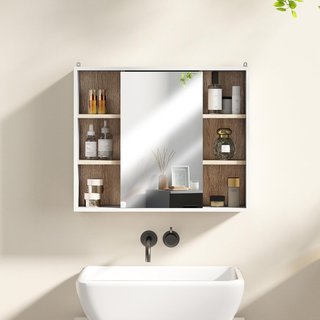 Mueble de Baño con Espejo, 3 Estantes Laterales y Estante Interior Regulable, Espejo de Baño Contenedor de Madera, 60X14.5X49.4 Cm, Blanco y Color Madera