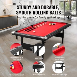 Mesa de Billar, Mesa de Pool de 213 cm, Mesa Plegable Portátil que Ahorra Espacio, Juego de Mesa de Billar Incluye Bolas, Queues, Tizas y Cepillo, Negra con Tela Roja, Perfecta para Sala de Juegos...