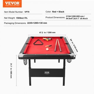 Mesa de Billar, Mesa de Pool de 213 cm, Mesa Plegable Portátil que Ahorra Espacio, Juego de Mesa de Billar Incluye Bolas, Queues, Tizas y Cepillo, Negra con Tela Roja, Perfecta para Sala de Juegos...