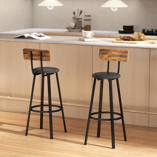 Set de 2 Taburetes de Bar con Respaldo, Taburetes de Cocina de Piel Sintética con Reposapiés, Sillas de Bar Altas Estilo Industrial para Sala de Estar, Comedor, Cocina, Marrón Rústico