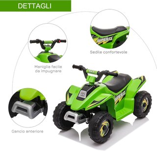 Quad Eléctrico para Niños de 18-36 Meses con Batería Recargable de 6V, Velocidad de 2.8-4.6Km/H y Marcha Adelante y Atrás, 72X40X45.5 Cm, Verde