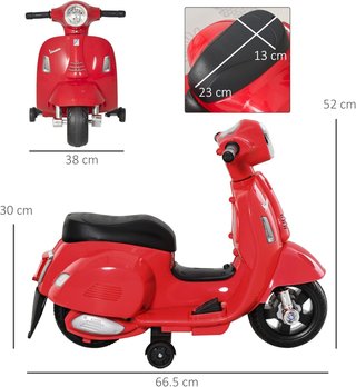 Moto Eléctrica para Niños 6V Con Licencia Oficial Vespa Batería, Motocicleta Eléctrica para Niños de 18-36 Meses Con Faros y Claxon, 66.5X38X52Cm, Rojo