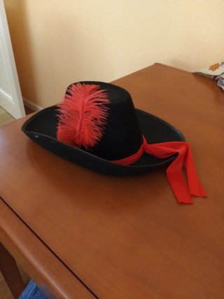 Sombrero de disfraz negro con pluma roja