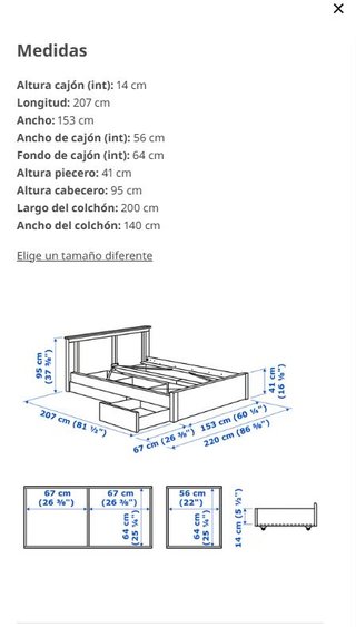 Cama 140x200 con 2 cajones blanca