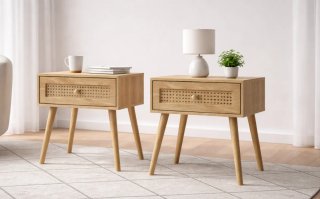 2 Mesitas de Noche Madera y Ratán