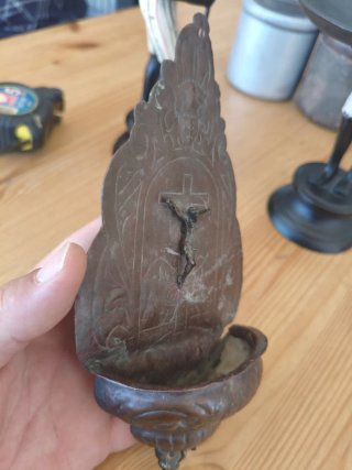 Benditera de cobre con crucifijo antigua SXIX